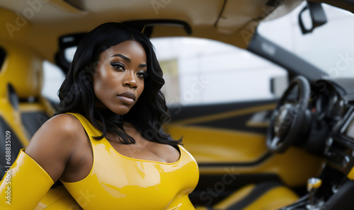 Portrait of a sensual black woman with yellow latex attire in sport car photo