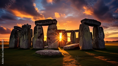 Stonehenge Circle of Stones with a Dramatic Sky Sunset behind it photo