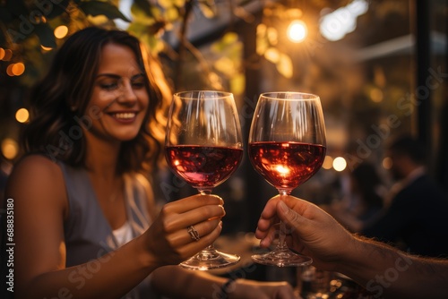 Amidst the clinking of glasses and radiant smiles, a woman savors the rich flavors of red and dessert wines, surrounded by the elegance of stemware and the warmth of good company