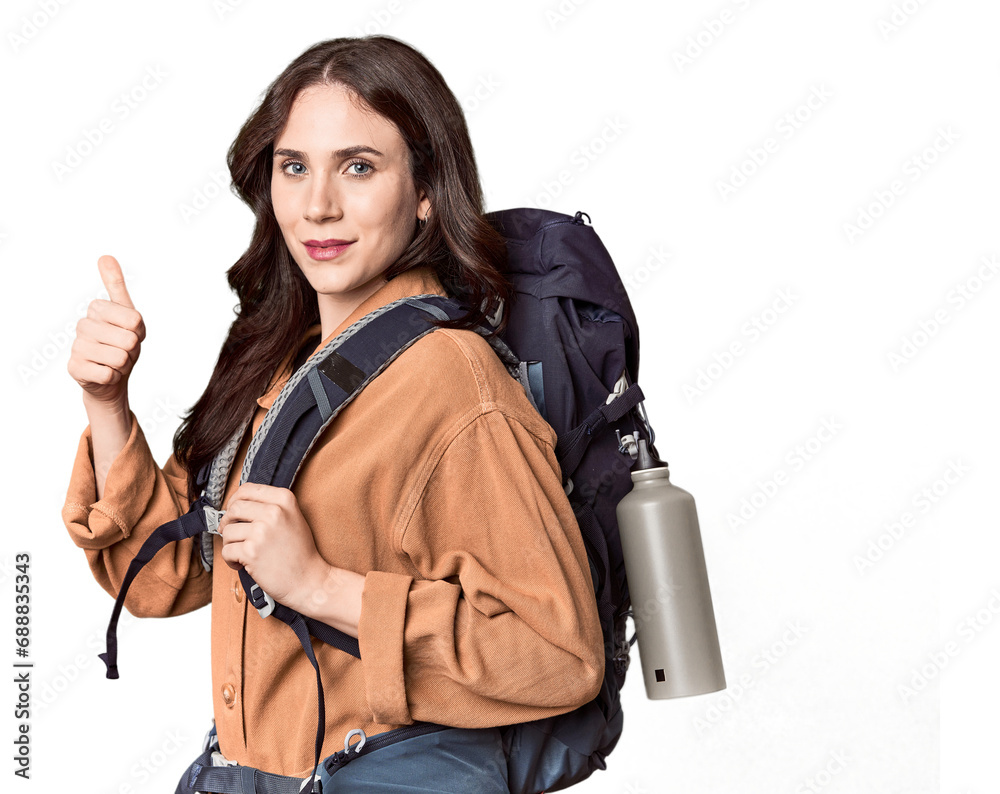 Young Caucasian with hiking gear and bottle smiling and raising thumb up Young Caucasian with hiking gear and bottle smiling and raising thumb up