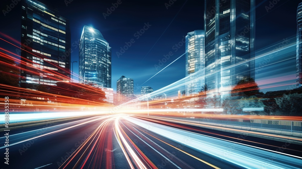 the light trails on the modern building background, Abstract Motion Blur City