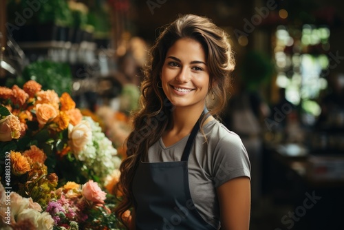 A cheerful woman radiates joy as she stands among beautiful floral designs outside of a shop, her smile as vibrant as the colorful flowers surrounding her