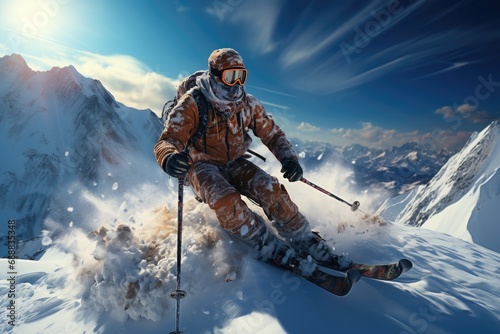 Amidst the serene arctic landscape, a fearless mountaineer navigates the steep snowy slope, guided by the vast open sky and armed with determination, a helmet, and ski poles, on an exhilarating winte