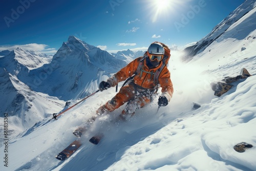 An adrenaline-fueled journey through frozen landscapes as a daring skier navigates the treacherous slopes  carving their way to the snowy summit with expert precision and fearless determination