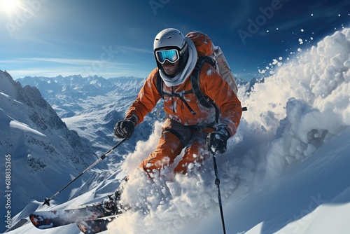 A fearless skier gracefully navigates through a snowy slope, adorned with the necessary equipment and surrounded by the vast beauty of a glacial mountain, embodying the ultimate winter adventure photo