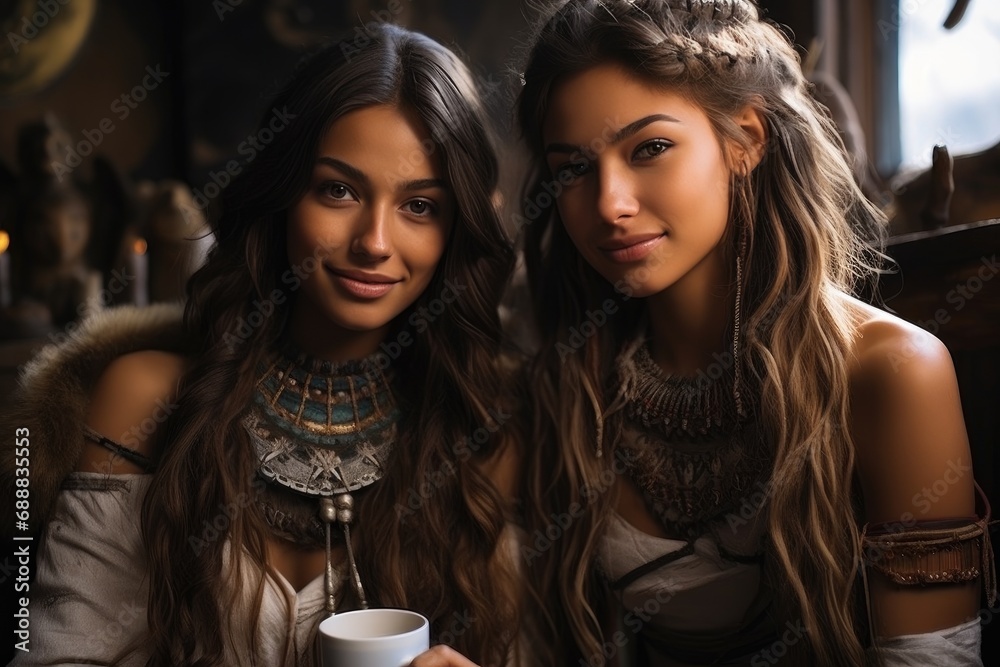 Two women, one with dark layered hair and the other with a smile and long hair, sit indoors at a table with coffee cups and necklaces, enjoying their drinks and each other's company