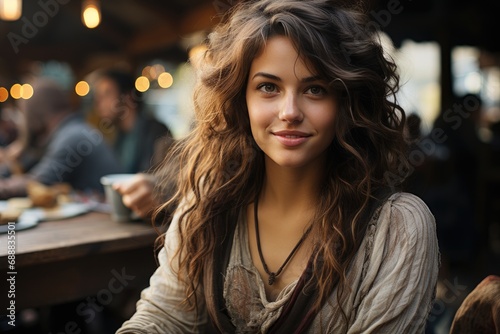A radiant lady with cascading brown hair and a captivating smile enjoys a delicious meal at an intimate restaurant, her layered hair adding to her charming and stylish appearance
