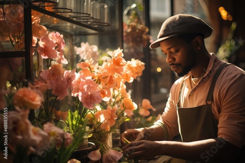 A stylish man with a floral hat stands outside an indoor flower shop, surrounded by vibrant colors and intricate designs