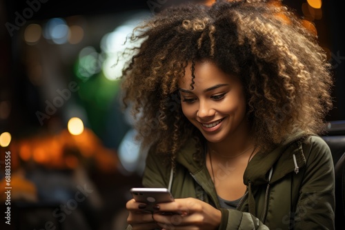 A woman with a bright smile and a trendy jheri curl hairstyle stands on the busy street, holding her cellphone while looking at the screen with a look of excitement and anticipation