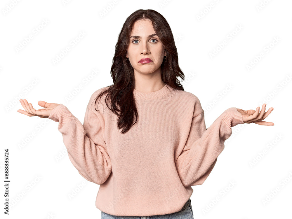 Young Caucasian woman in a studio setting doubting and shrugging shoulders in questioning gesture. Young Caucasian woman in a studio setting doubting and shrugging shoulders in questioning gesture.