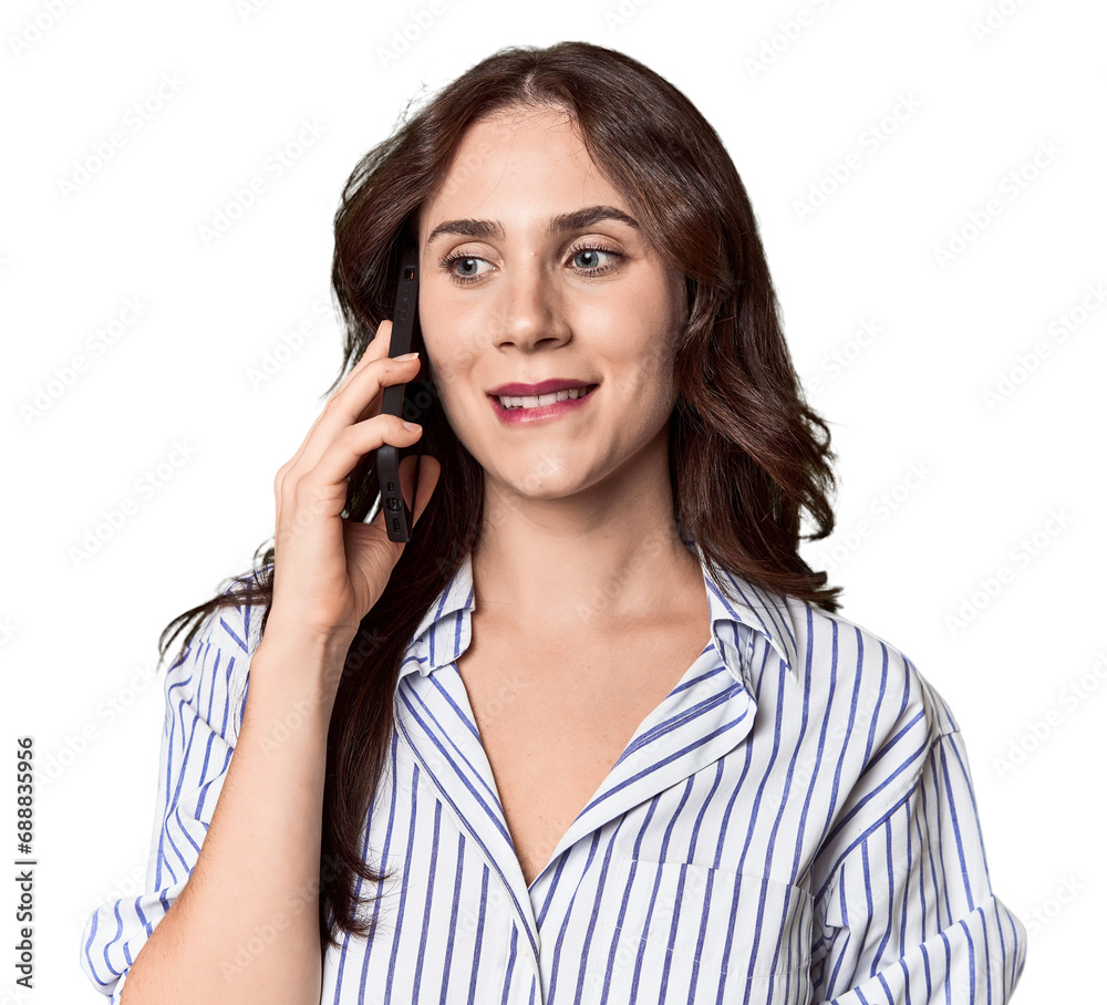 Young Caucasian woman on phone call in studio setting Young Caucasian woman on phone call in studio setting