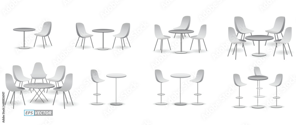 set of realistic trade exhibition chair and table or white blank exhibition kiosk or stand booth corporate commercial. 3D Render