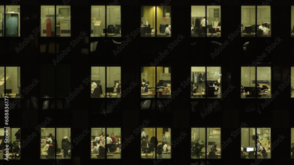 TOKYO, JAPAN : Close up shot of exterior of office building window at night. Company, corporate, job, work and business people concept video. Time lapse shot. TOKYO, JAPAN : Close up shot of exterior of office building window at night. Company, corporate, job, work and business people concept video. Time lapse shot.