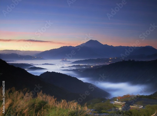 Foggy mountains view, Asian typical landscape photography. Outdoors explore and travel vacation concept