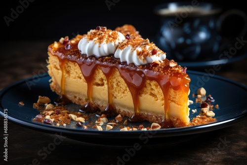 A delectable indulgence, a slice of heavenly cheesecake drizzled with caramel and topped with fluffy whipped cream, resting on a delicate plate amidst a cozy indoor setting