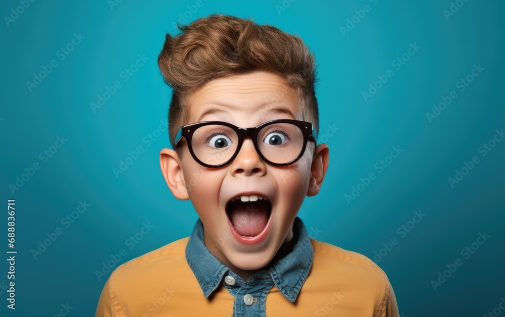 A child boy wearing a pair of eyeglasses with a surprised and smiling expression A child boy wearing a pair of eyeglasses with a surprised and smiling expression