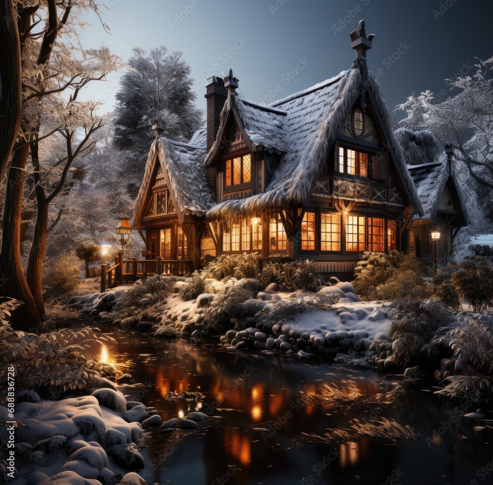 Fototapeta premium A cozy house nestled in a winter wonderland, its snowy surroundings reflecting the starry night sky as a lone tree stands guard by the tranquil water