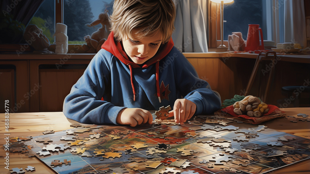 a boy collects a puzzle by candlelight in the room. a boy collects a puzzle by candlelight in the room.