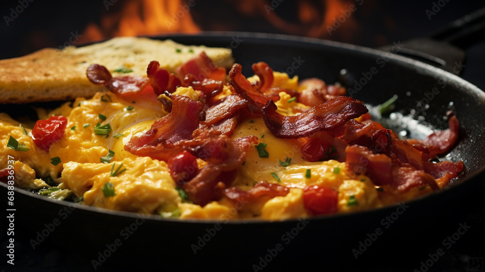 scrambled eggs and bacon in a frying pan. scrambled eggs and bacon in a frying pan.