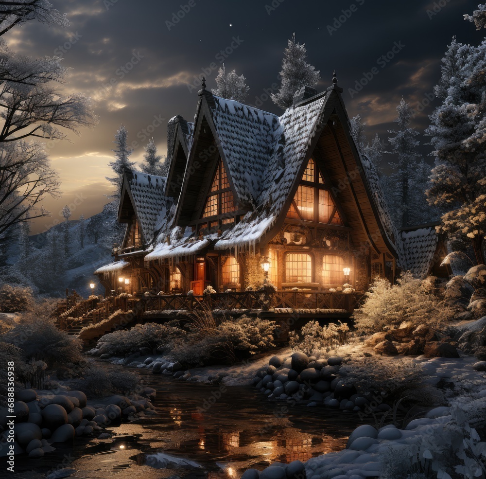 Obraz premium A cozy house stands amidst a serene winter wonderland, its warm lights illuminating the snowy landscape under a starry night sky