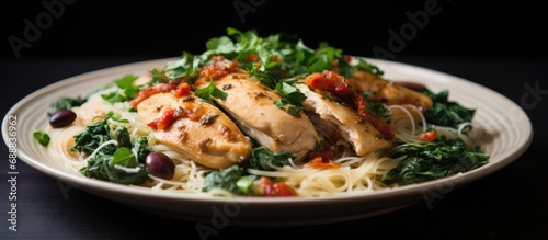 Spanish chicken with vermicelli, olives, and kale.