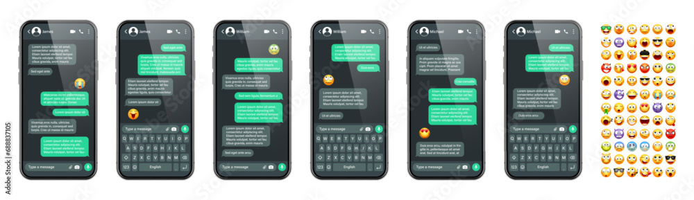 Smartphone messaging app, user interface with emoji. SMS text frame. Chat screen, green message bubbles. Texting app for communication. Social media application. Dark mode. Vector illustration Smartphone messaging app, user interface with emoji. SMS text frame. Chat screen, green message bubbles. Texting app for communication. Social media application. Dark mode. Vector illustration