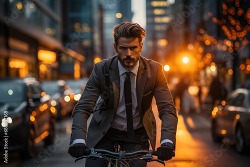 A dapper gentleman cruises through the bustling city streets on his trusty bicycle, a modern-day knight in a tailored suit on a two-wheeled steed © Larisa AI