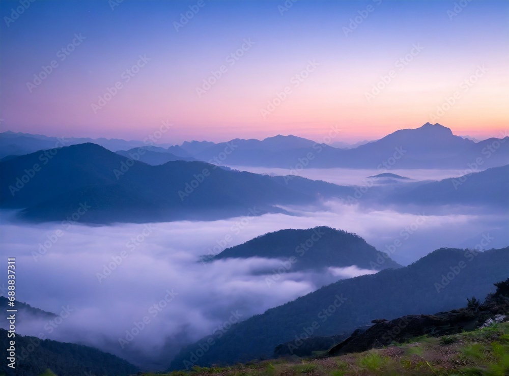 Foggy mountains view, Asian typical landscape photography. Outdoors explore and travel vacation concept