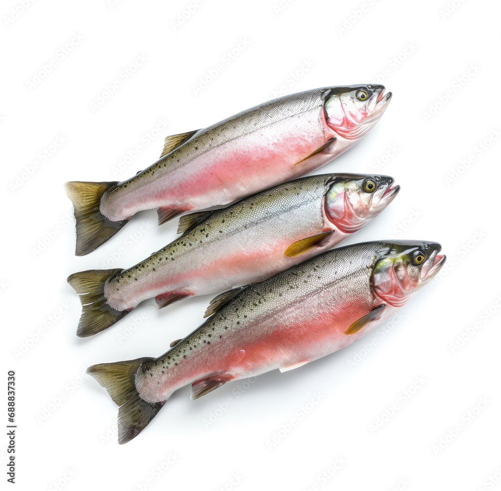 Raw trout isolated. Fresh cutthroat, steelhead fish, whole rainbow trout, trutta, fario Raw trout isolated. Fresh cutthroat, steelhead fish, whole rainbow trout, trutta, fario