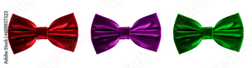 Red, purple and green elegant velvet bow ties on white transparent background
