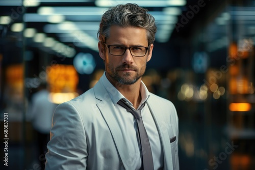 A sharply dressed gentleman with a trimmed beard and glasses stands in front of a towering building, exuding confidence and professionalism in his suit and tie