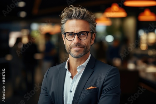 A stylish gentleman in a well-tailored suit and glasses, exuding confidence with a charming smile, indoors in a professional setting © Larisa AI