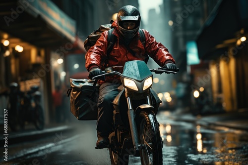 A motorcyclist braves the rainy city streets at night, their helmet gleaming under the streetlights as they navigate the slick roads on their trusty bike