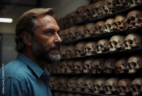 A male physical anthropologist comparing the skulls of modern humans and ancient hominids, concept of craniofacial analysis. photo