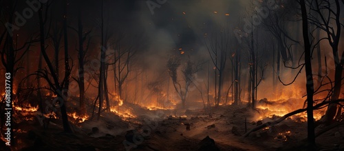 Forest fire resulted in the ash-covered trees.