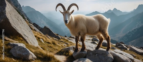 A lively mountain goat standing on tatras stones with mountain peaks in the background, copy space