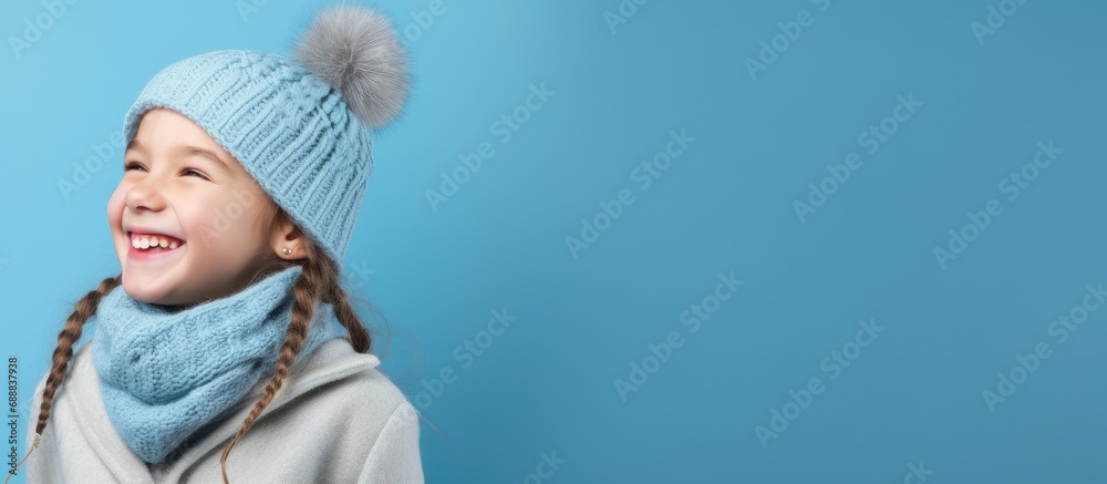 Happy young girl wearing winter clothing and smiling in front of a blue background Happy young girl wearing winter clothing and smiling in front of a blue background