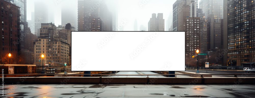 Giant billboard in blank transparent background with copy space with city buildings as background - obrazy, fototapety, plakaty 