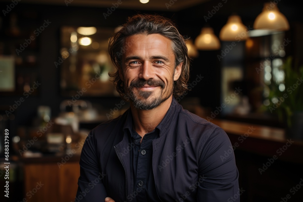 A jovial man with a stylish beard and mustache, wearing glasses and casual attire, beams at the camera in a cozy restaurant or pub setting against a wall backdrop A jovial man with a stylish beard and mustache, wearing glasses and casual attire, beams at the camera in a cozy restaurant or pub setting against a wall backdrop