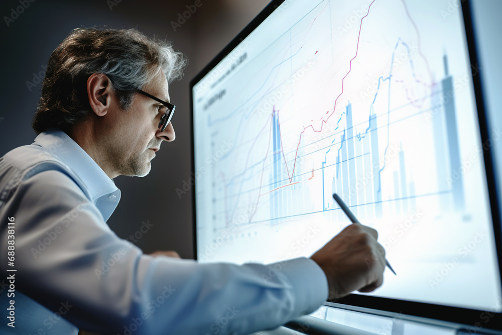 Economist professional drawing graph on big digital tablet. Technological tools in finance concept Economist professional drawing graph on big digital tablet. Technological tools in finance concept