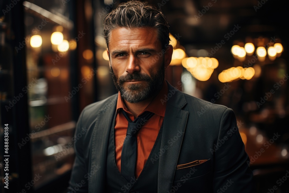 A dapper gentleman, his face adorned with a neatly trimmed beard and moustache, exudes confidence and sophistication as he strides down the dark city street in his impeccable suit, equally at ease bo A dapper gentleman, his face adorned with a neatly trimmed beard and moustache, exudes confidence and sophistication as he strides down the dark city street in his impeccable suit, equally at ease bo