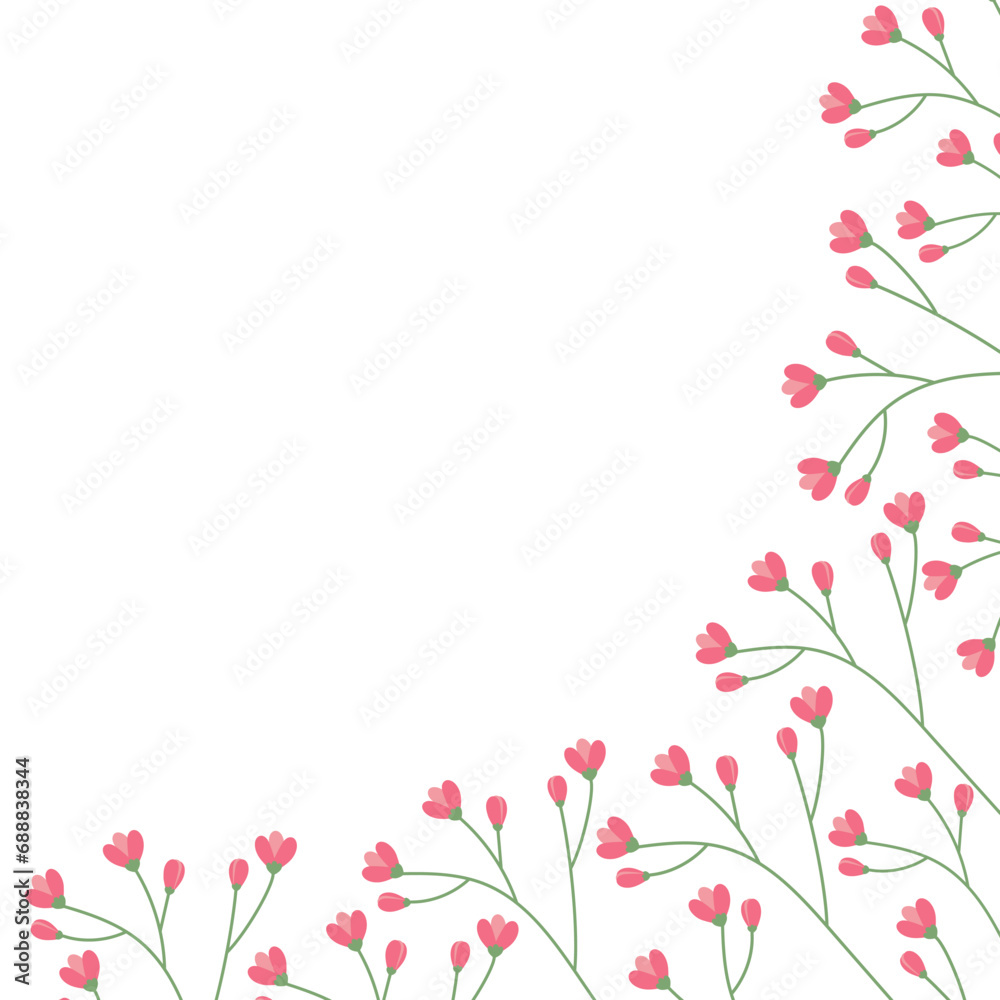 Abstract corner frame of flowering branches in trendy soft hues. Design concept for spring greetings