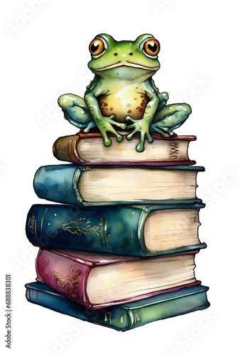 graphic bookworm frog on books