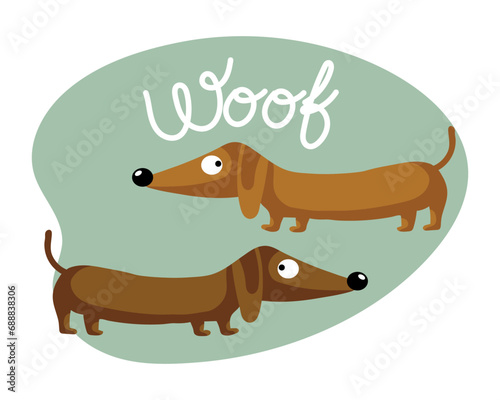 Cartoon funny dachshund dog and the word Woof. Flat style illustration, kids print, postcard, vector