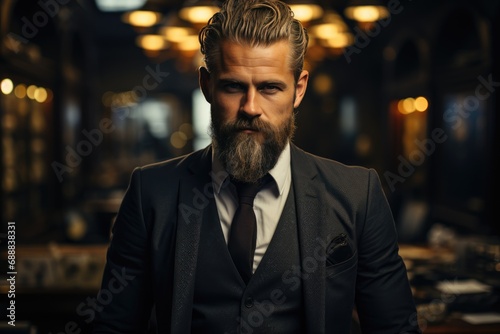 A distinguished gentleman, donning a dark suit and dress shirt, exudes confidence and sophistication with his well-groomed beard and moustache, captivating all with his refined style