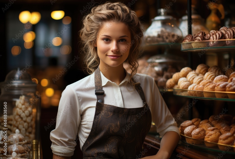A stylishly dressed woman admires the mouth-watering assortment of baked goods in a quaint bakery, her face lighting up at the sight of a freshly glazed doughnut