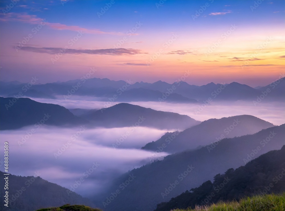 Foggy mountains view, Asian typical landscape photography. Outdoors explore and travel vacation concept