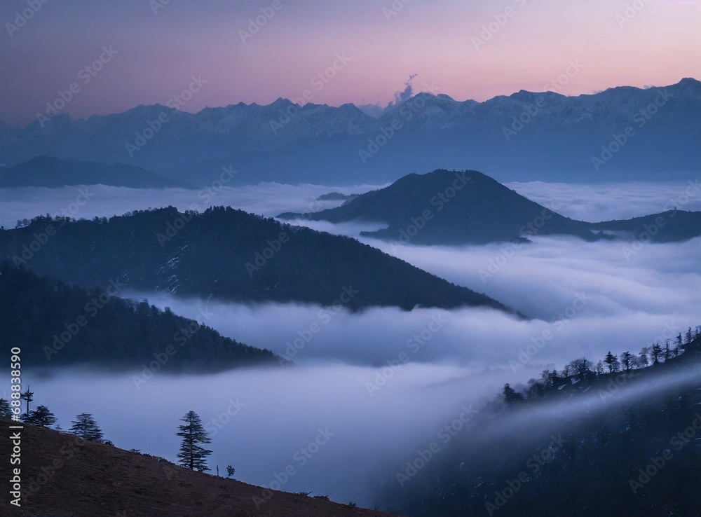 Fototapeta premium Foggy mountains view, Asian typical landscape photography. Outdoors explore and travel vacation concept
