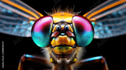 Microscopic photo of imaginary glowing dragonfly on black background