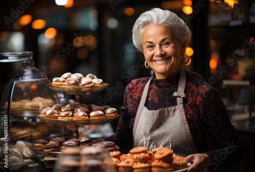 A contented woman enjoys a delicious doughnut at a bustling bakery, her smile radiating pure joy amidst the warm, comforting aroma of freshly baked goods